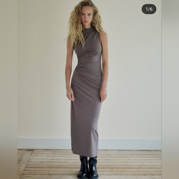 Zara Charcoal/Gray Mock Neck Ruched Draped Maxi Dress - size Large - Picture 2 of 14